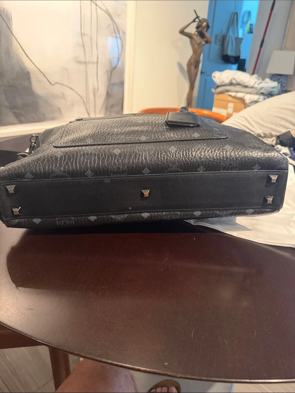 MCM Black Logo Leather Briefcase with Top Handles